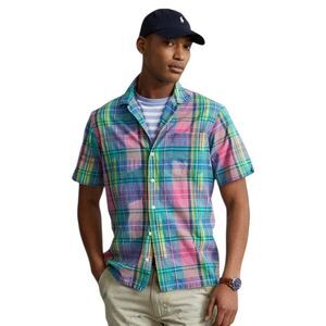 Polo Ralph Lauren Men's Classic Fit Cotton Madras Camp Shirt Pink Blue Plaid